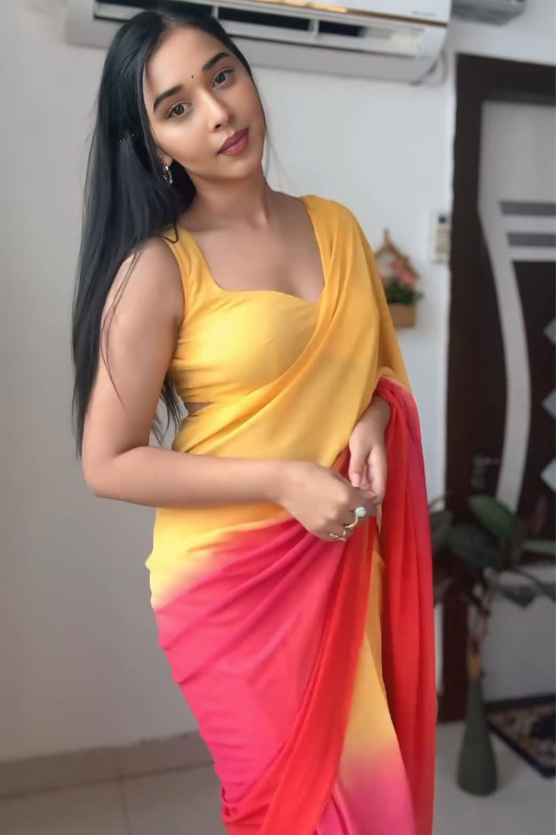 Lush One Minute Ready To Wear Yellow And Red Georgette Saree