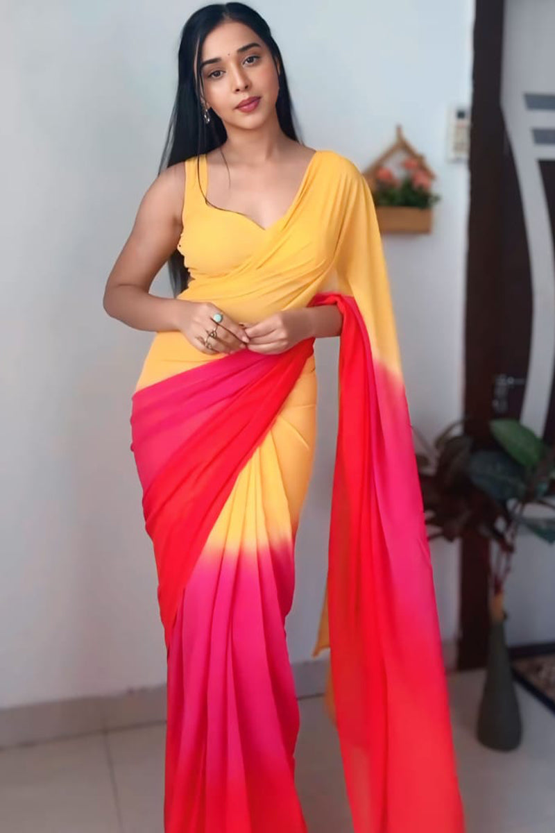 Lush One Minute Ready To Wear Yellow And Red Georgette Saree