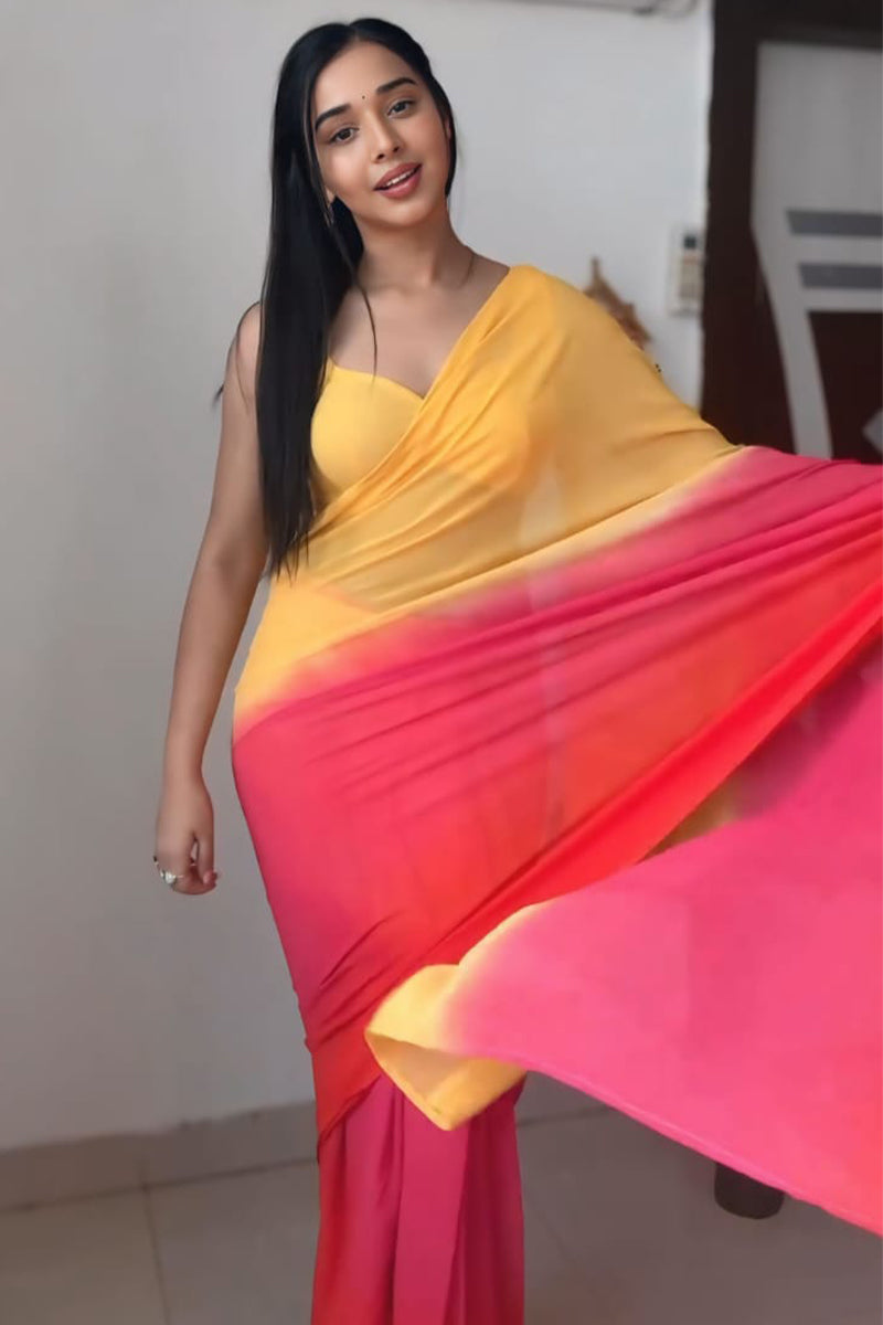 Lush One Minute Ready To Wear Yellow And Red Georgette Saree