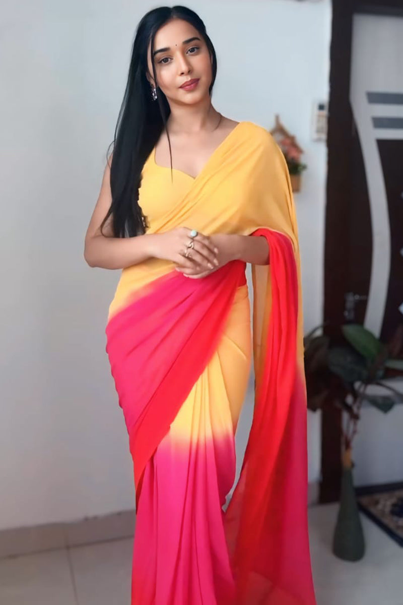 Lush One Minute Ready To Wear Yellow And Red Georgette Saree