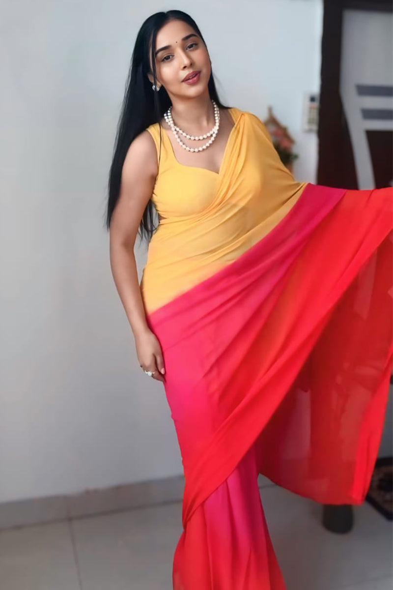 Lush One Minute Ready To Wear Yellow And Red Georgette Saree