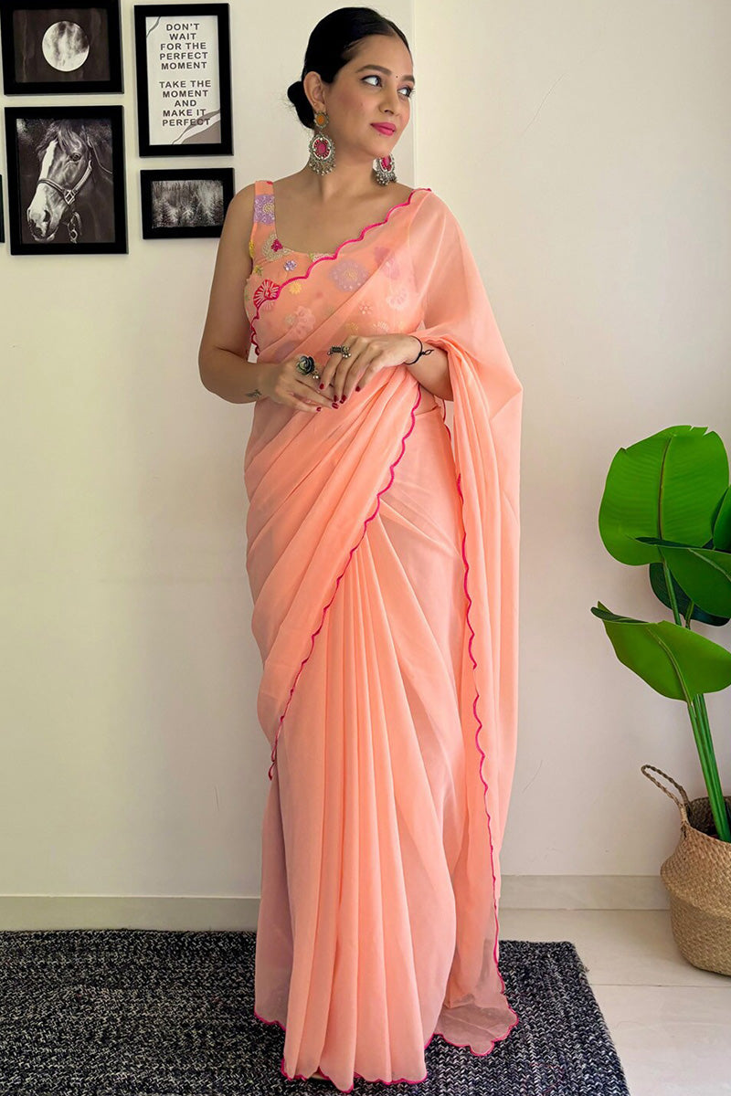 Peaceful One Minute Ready To Wear Peach Georgette Saree