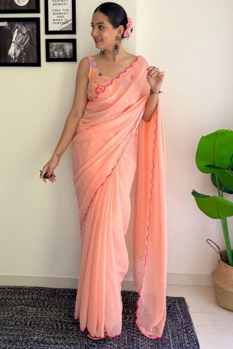 Peaceful One Minute Ready To Wear Peach Georgette Saree