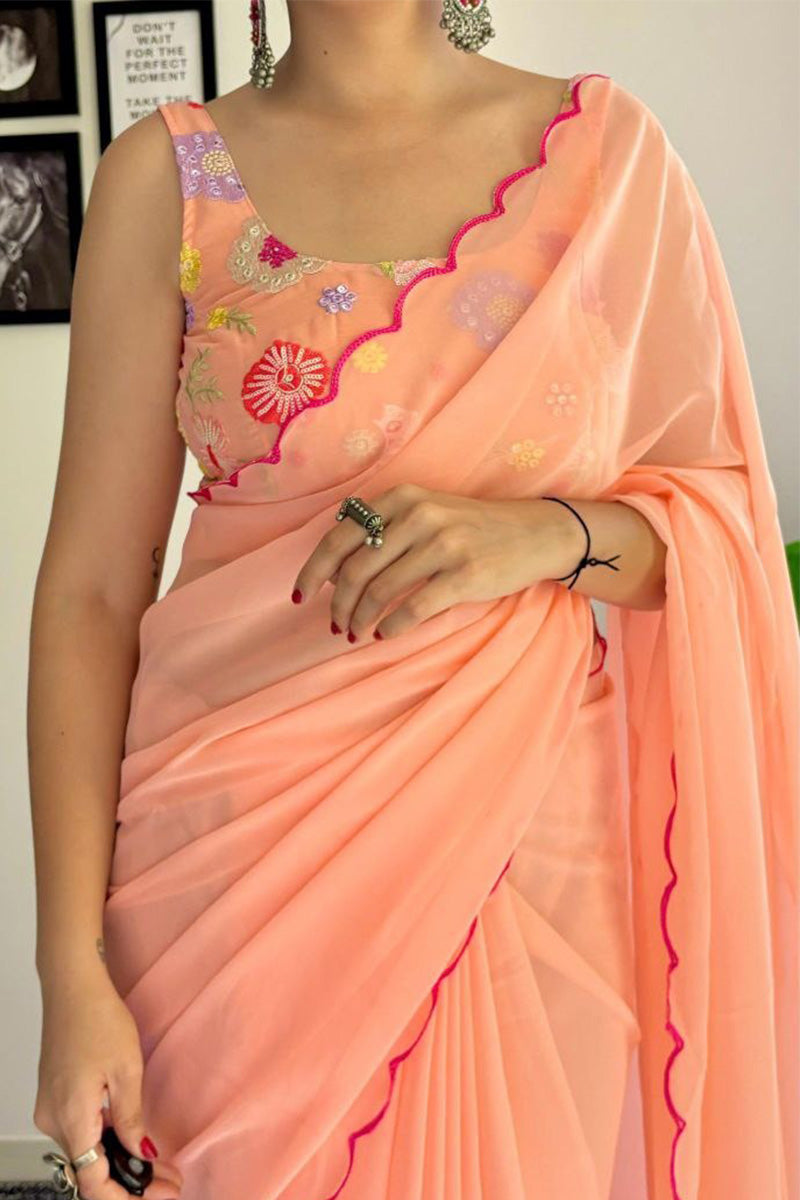 Peaceful One Minute Ready To Wear Peach Georgette Saree