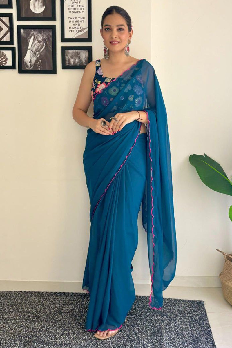 Brightly One Minute Ready To Wear Peacock Green Georgette Saree