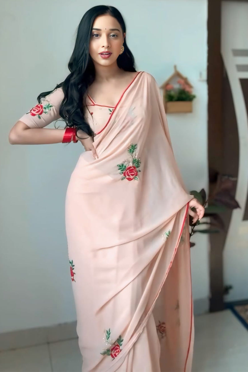 Elegante One Minute Ready To Wear Peach Georgette Saree