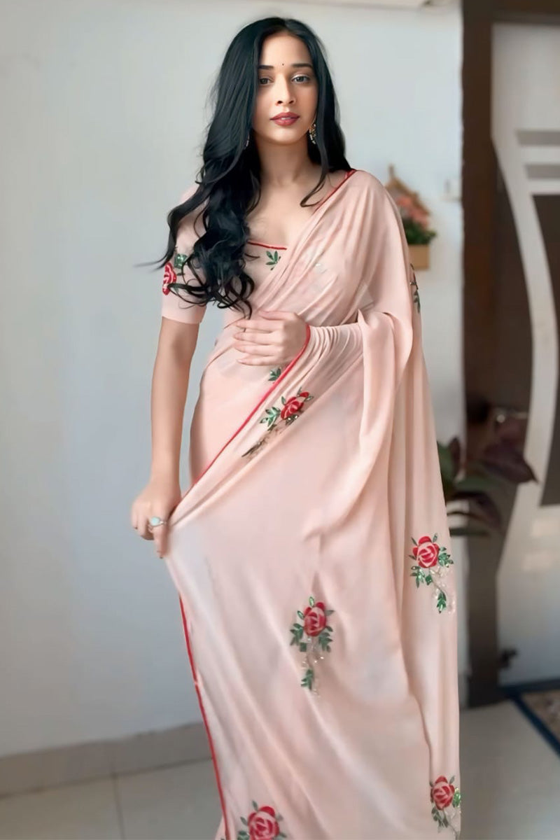 Elegante One Minute Ready To Wear Peach Georgette Saree