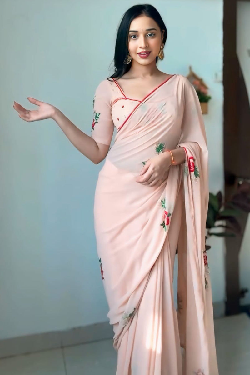 Elegante One Minute Ready To Wear Peach Georgette Saree