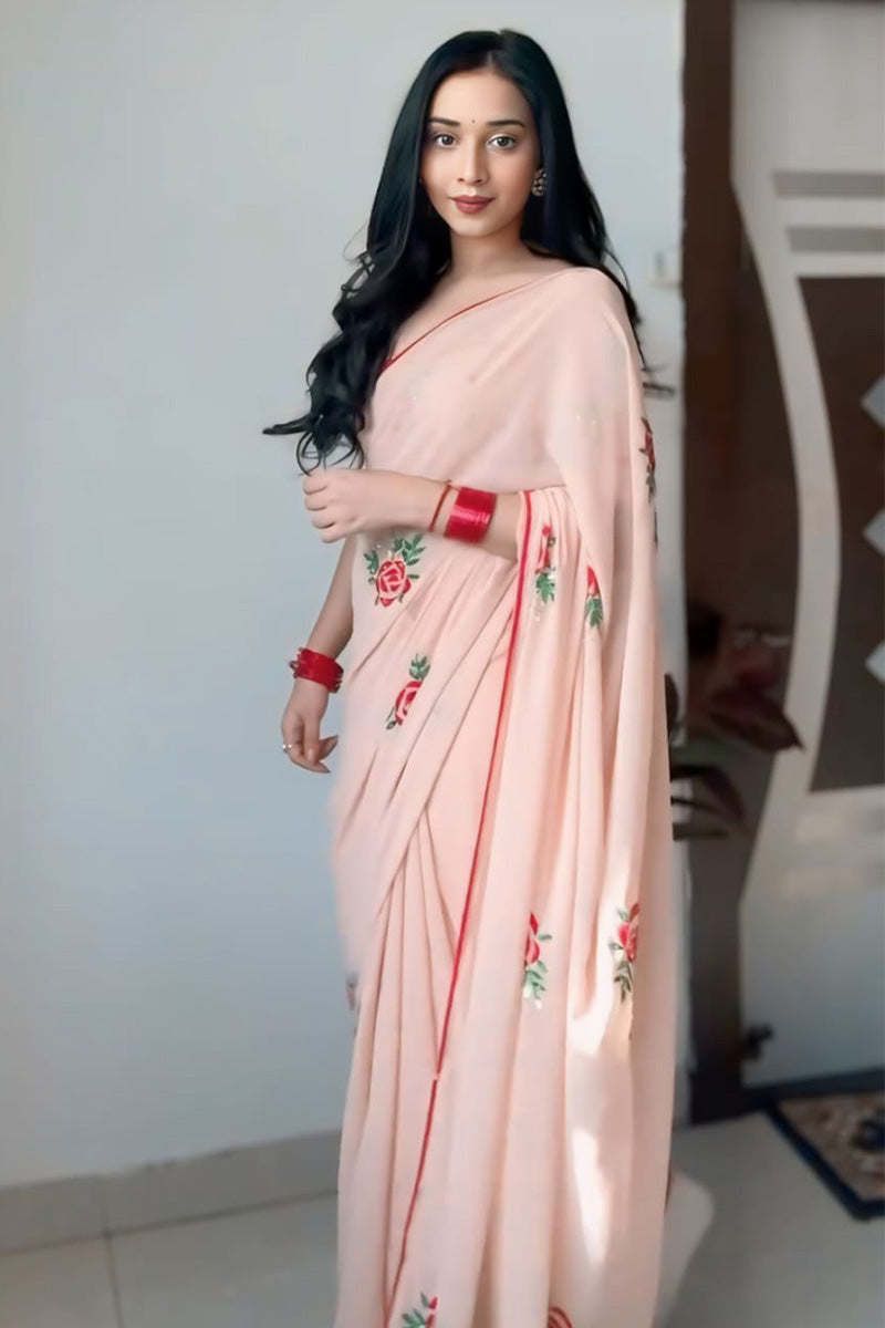 Elegante One Minute Ready To Wear Peach Georgette Saree