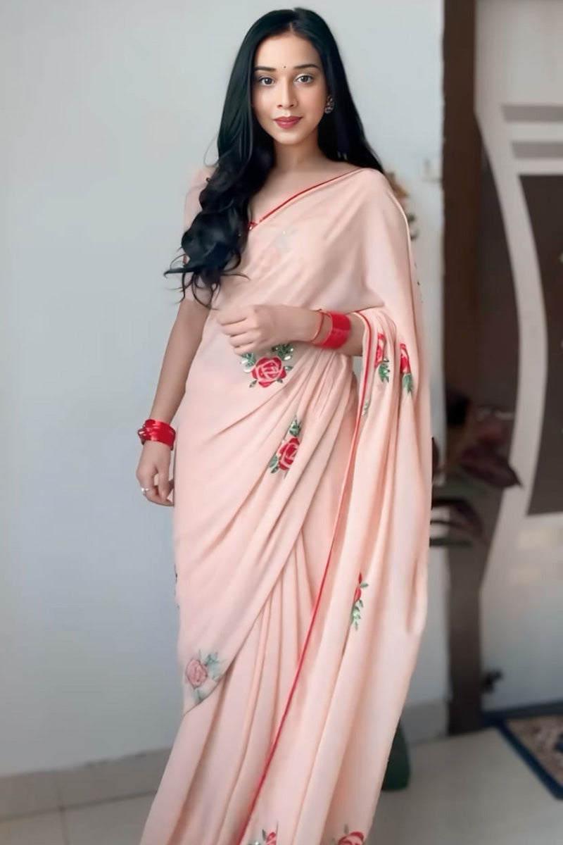 Elegante One Minute Ready To Wear Peach Georgette Saree