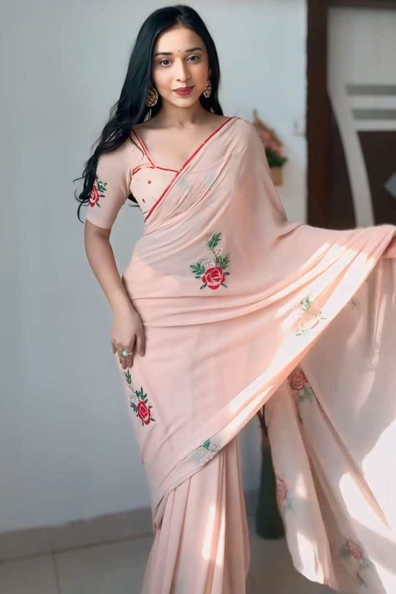 Elegante One Minute Ready To Wear Peach Georgette Saree