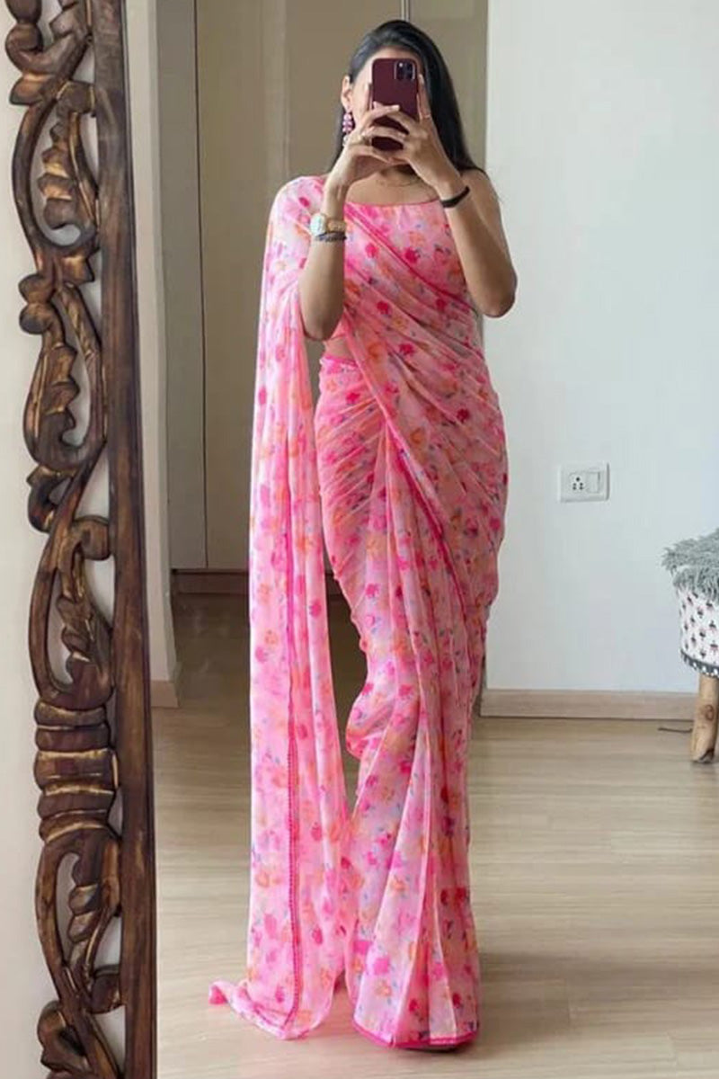 Classy One Minute Ready To Wear Pink Georgette Saree