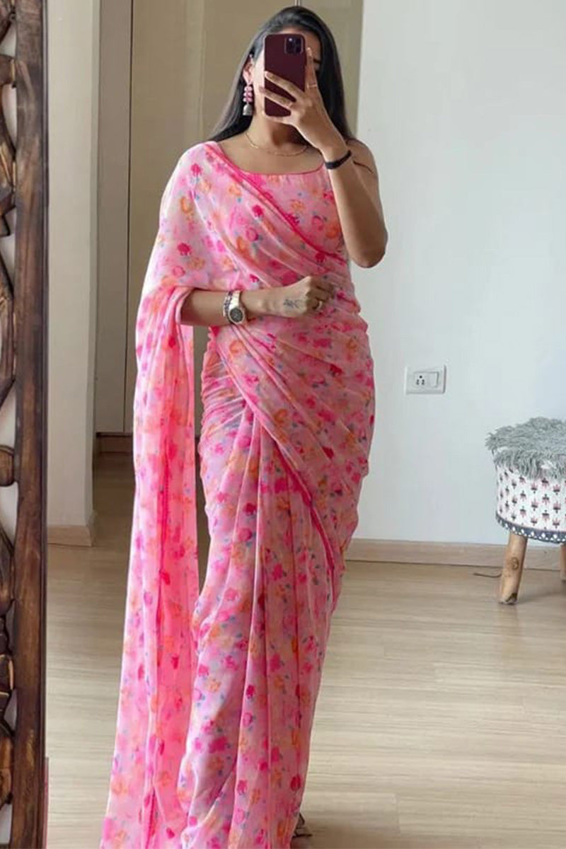 Classy One Minute Ready To Wear Pink Georgette Saree