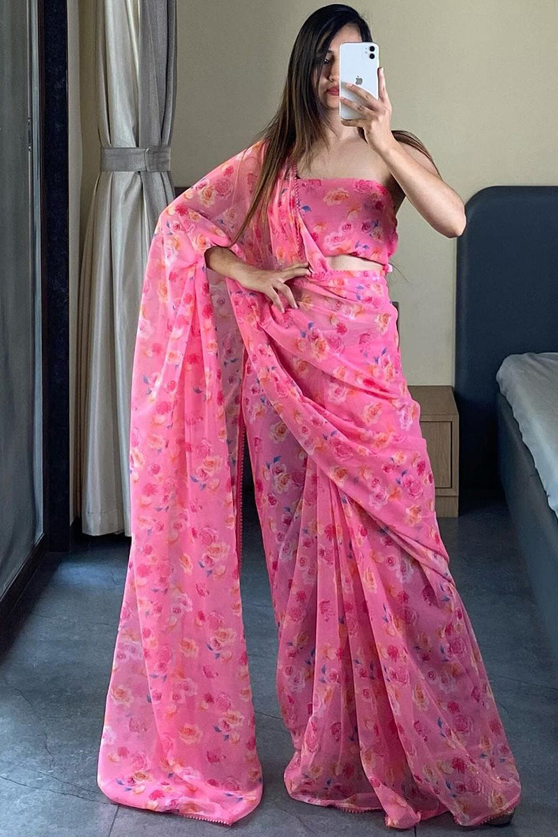 Classy One Minute Ready To Wear Pink Georgette Saree