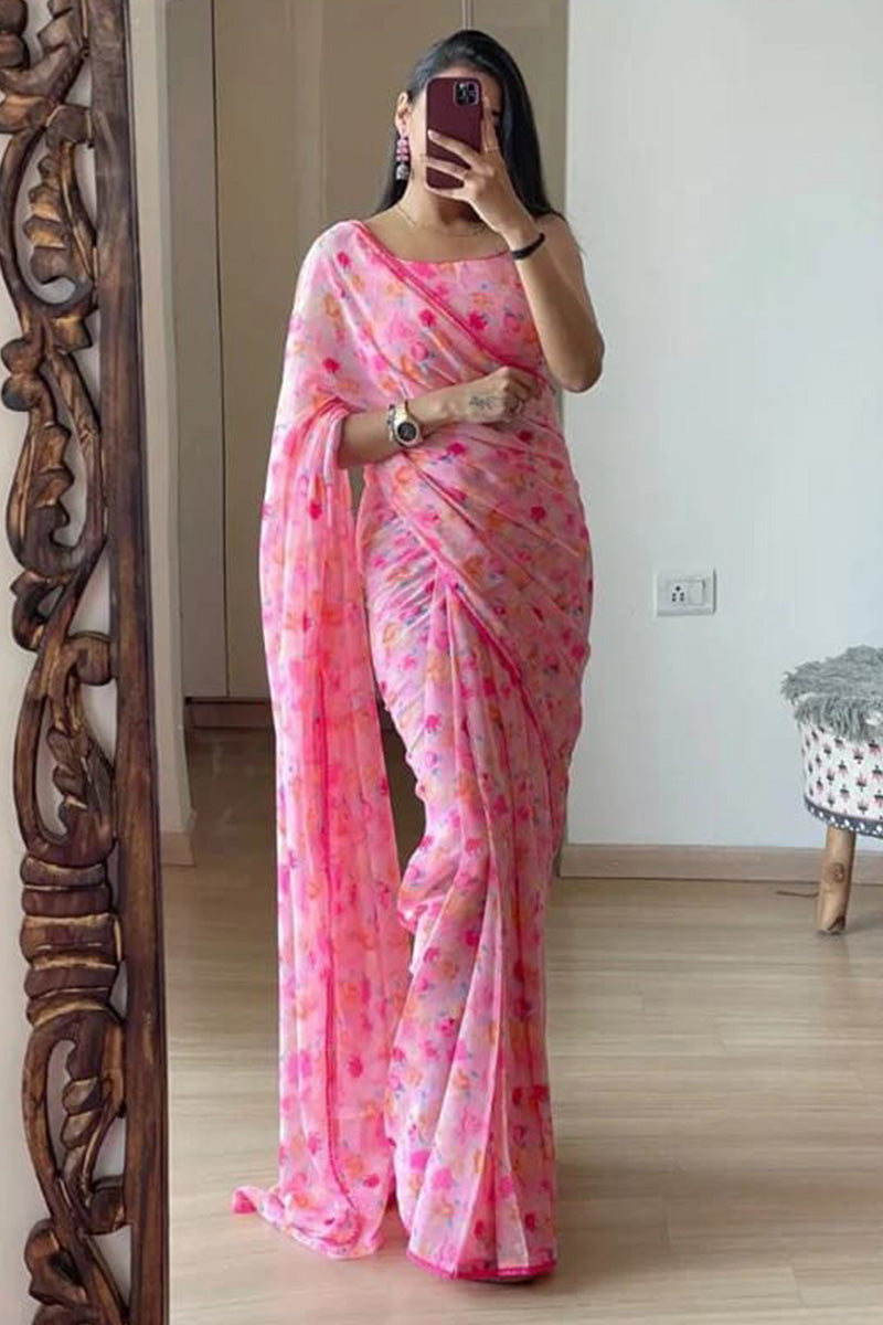 Classy One Minute Ready To Wear Pink Georgette Saree