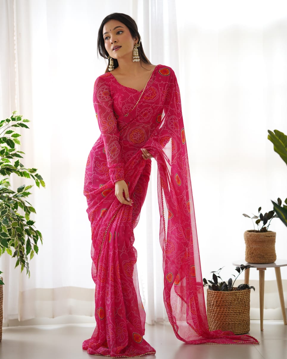 Glowish One Minute Ready To Wear Dark Pink Georgette Saree