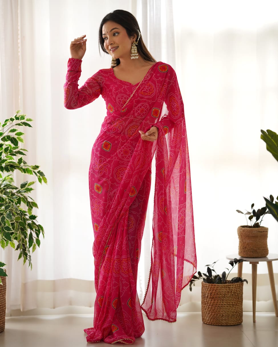 Glowish One Minute Ready To Wear Dark Pink Georgette Saree