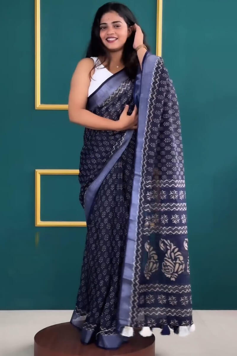 Lightful One Minute Ready To Wear Navy Blue Cotton Silk Saree