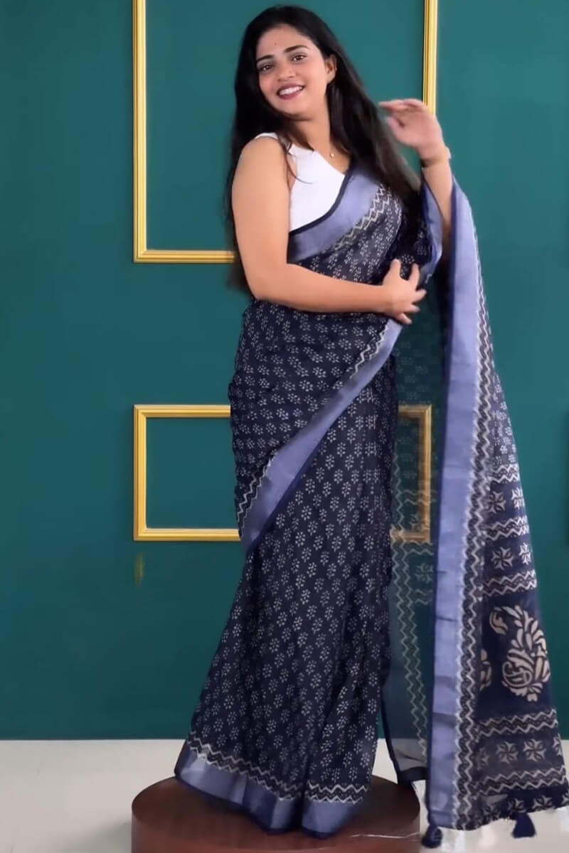 Lightful One Minute Ready To Wear Navy Blue Cotton Silk Saree