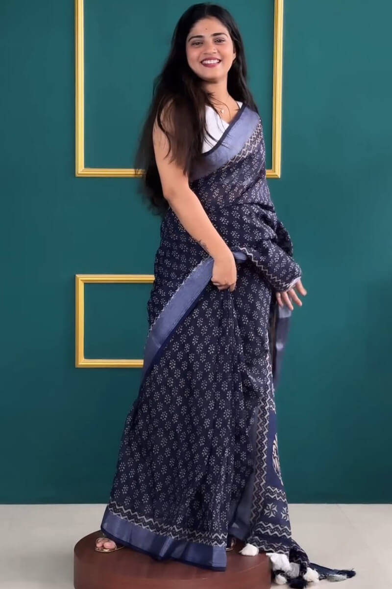 Lightful One Minute Ready To Wear Navy Blue Cotton Silk Saree