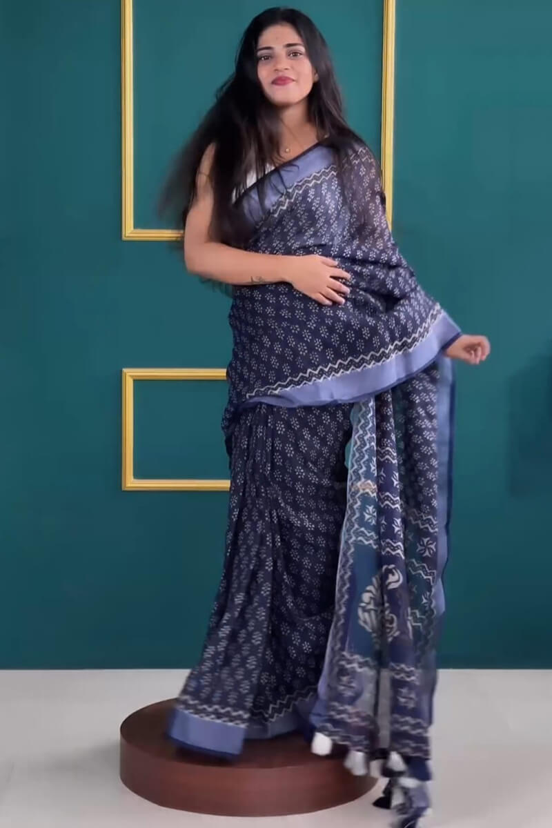 Lightful One Minute Ready To Wear Navy Blue Cotton Silk Saree