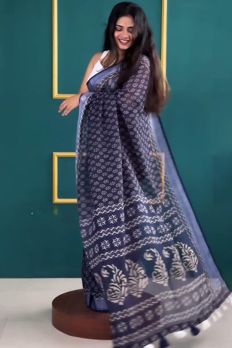 Lightful One Minute Ready To Wear Navy Blue Cotton Silk Saree