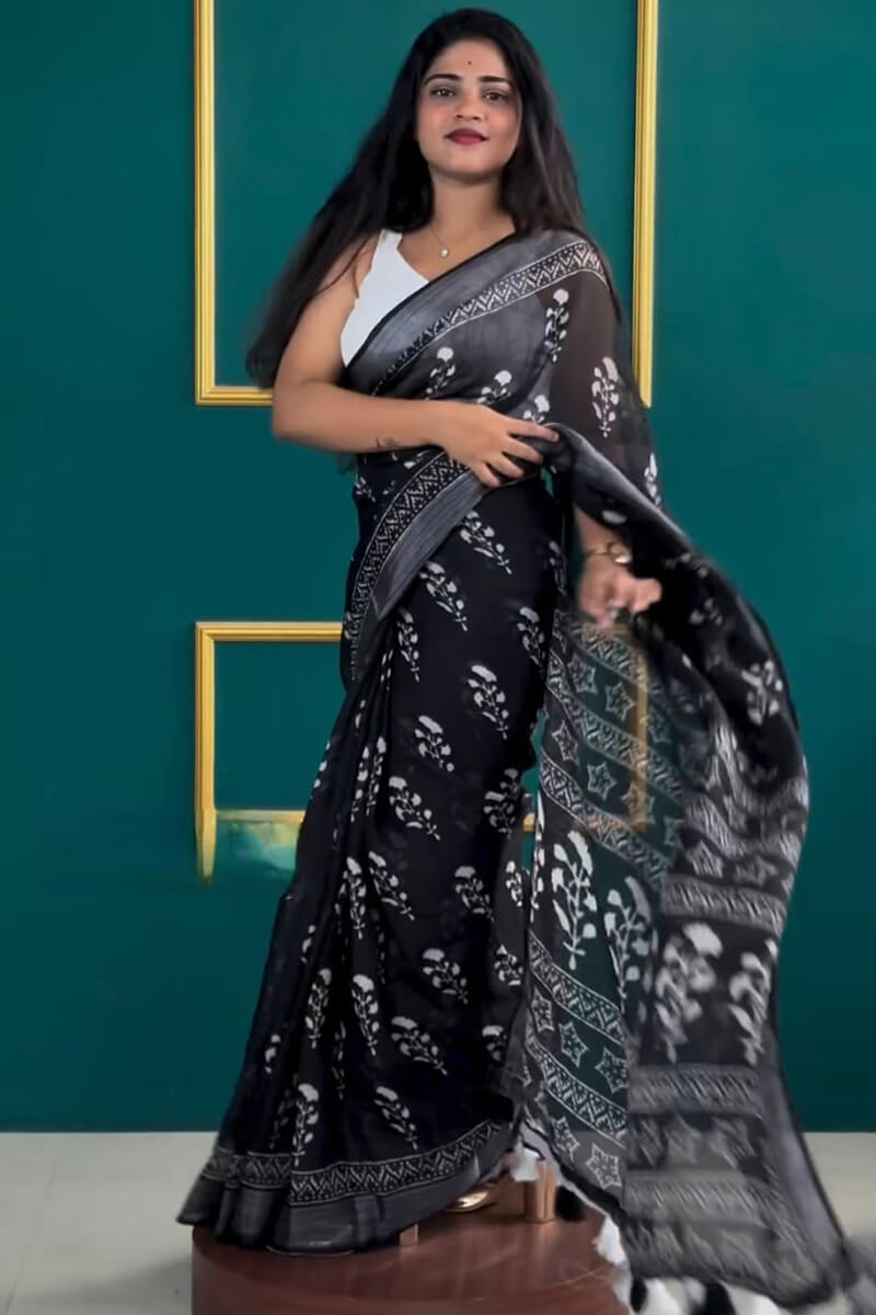 Petaline One Minute Ready To Wear Black Cotton Silk Saree