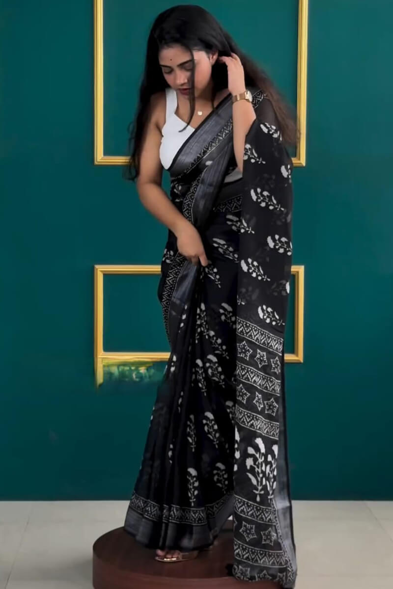 Petaline One Minute Ready To Wear Black Cotton Silk Saree