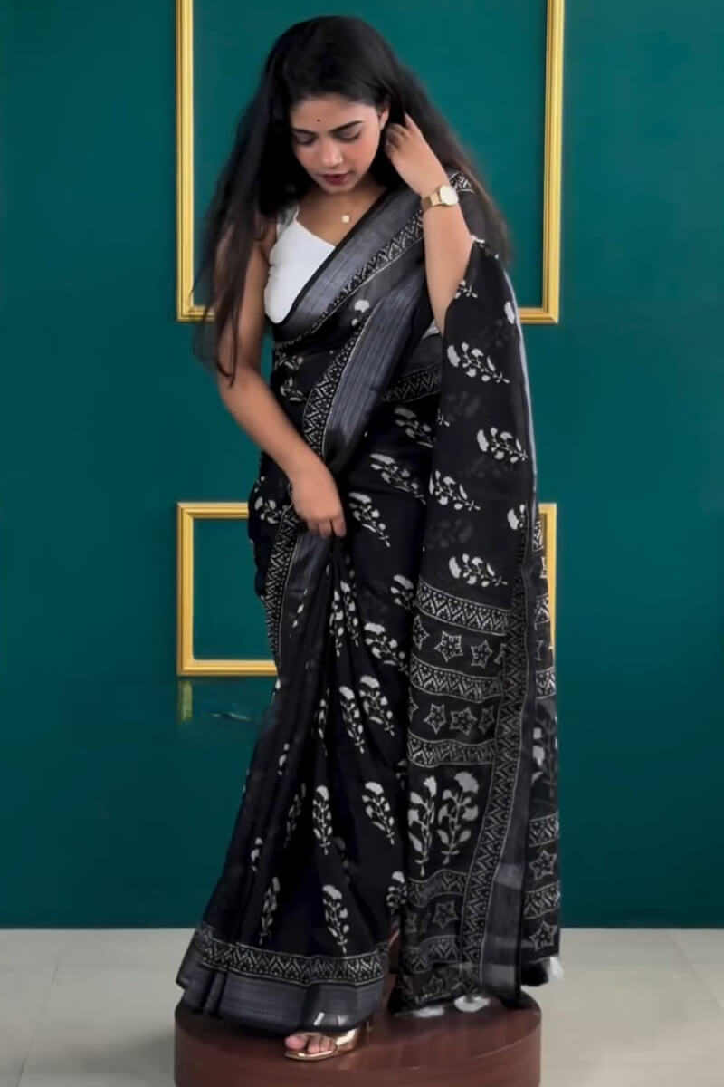 Petaline One Minute Ready To Wear Black Cotton Silk Saree