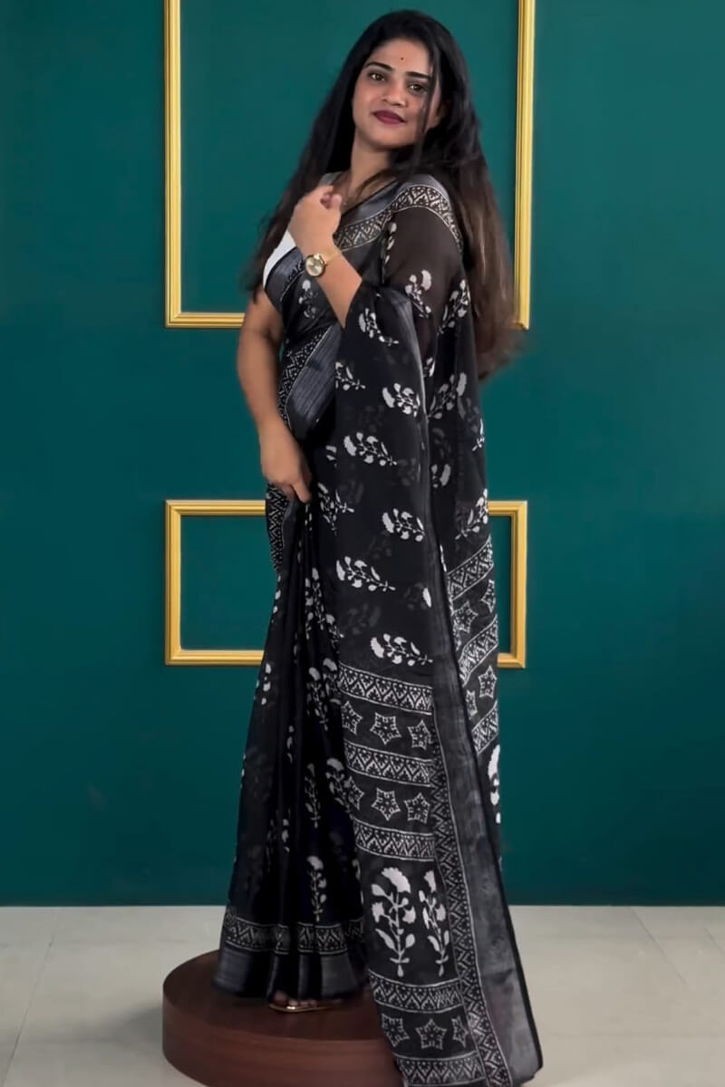 Petaline One Minute Ready To Wear Black Cotton Silk Saree