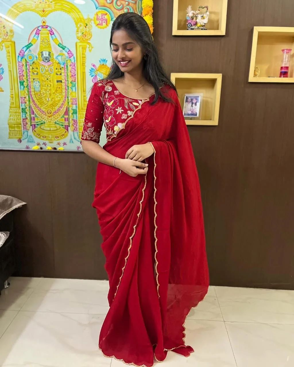 Vivid One Minute Ready To Wear Red Georgette Saree