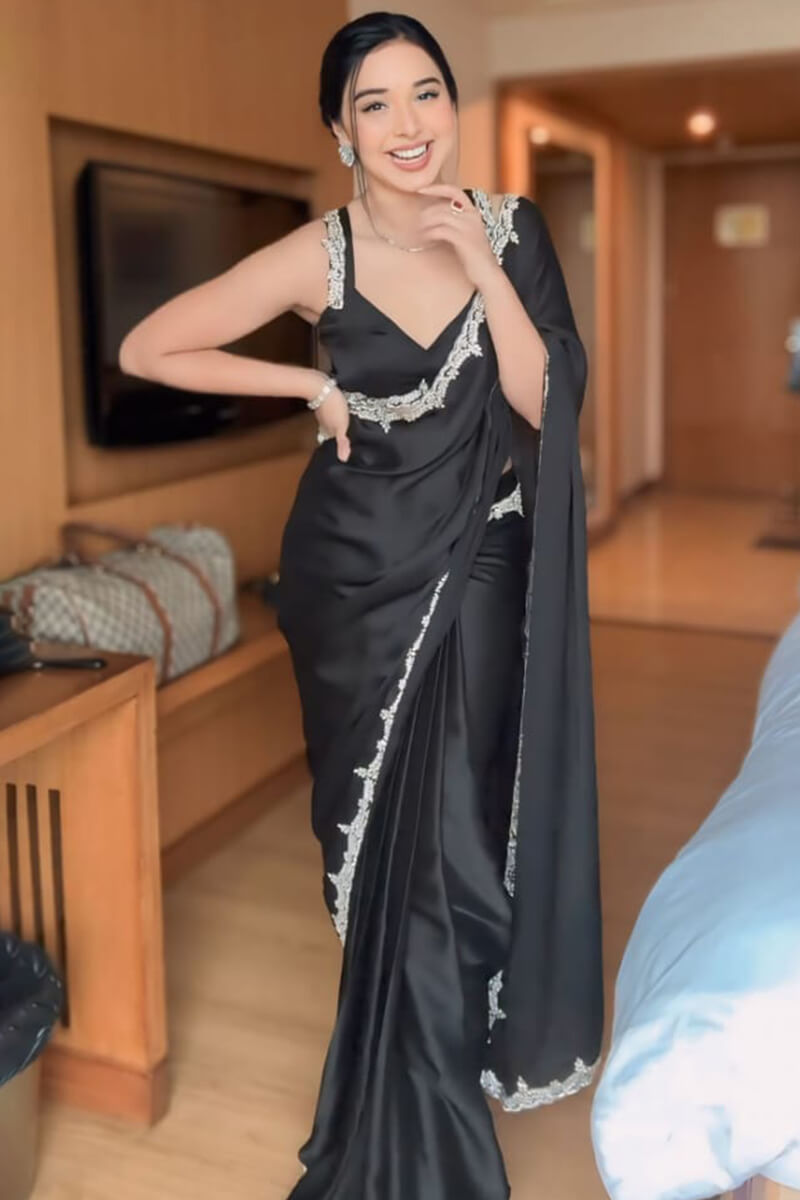 Lustre One Minute Ready To Wear Black Satin Silk Saree