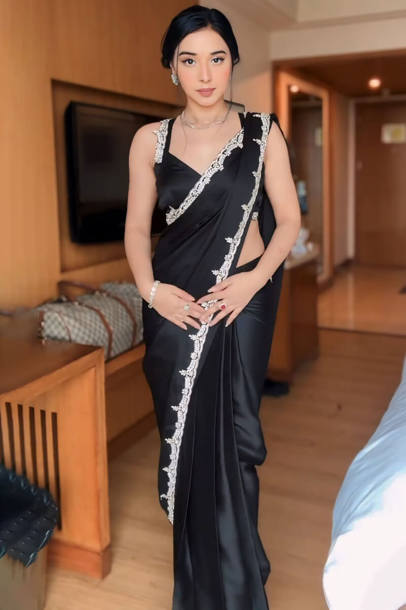 Lustre One Minute Ready To Wear Black Satin Silk Saree