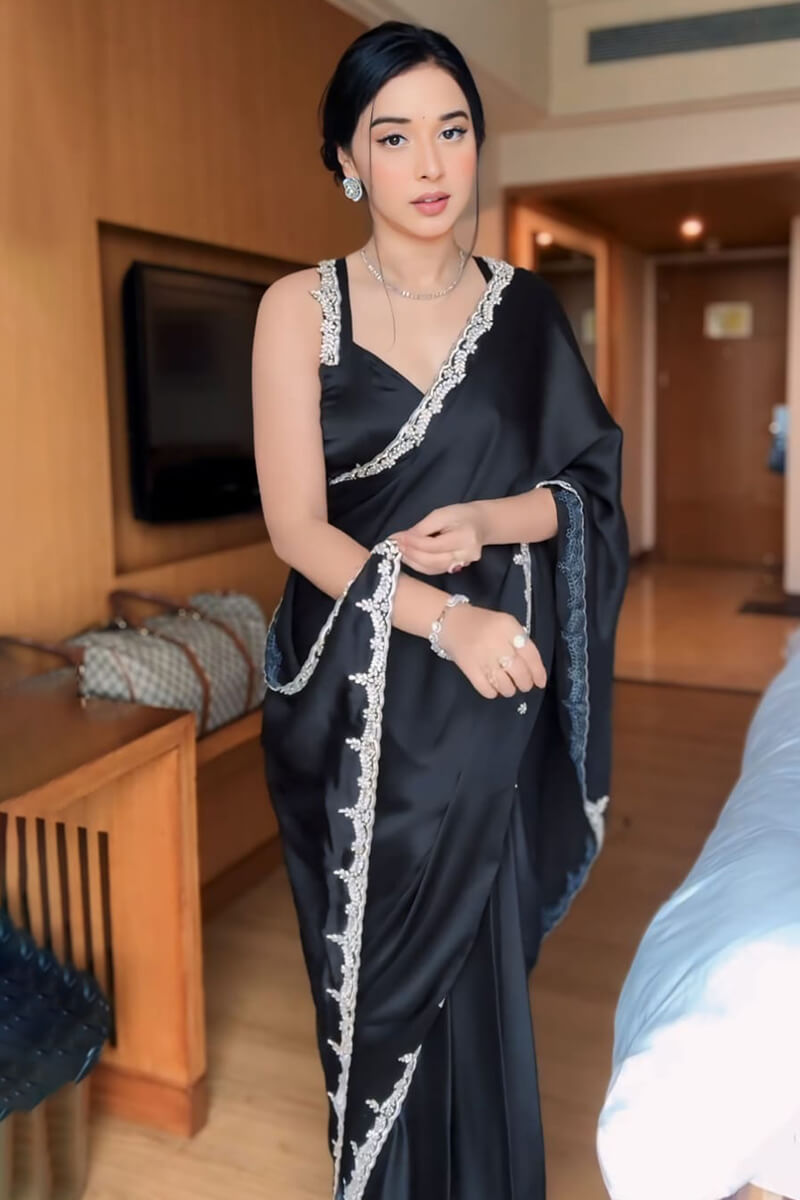 Lustre One Minute Ready To Wear Black Satin Silk Saree