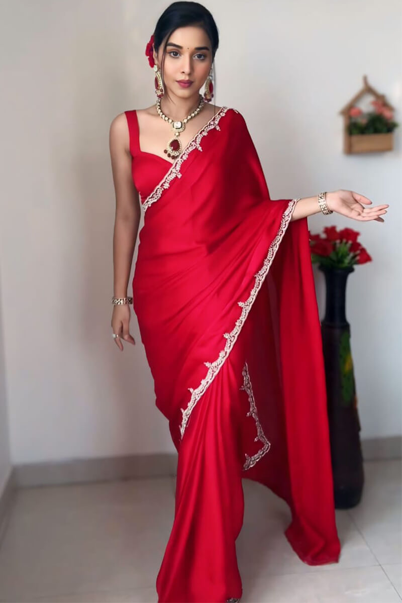 Gorgeous One Minute Ready To Wear Red Satin Silk Saree