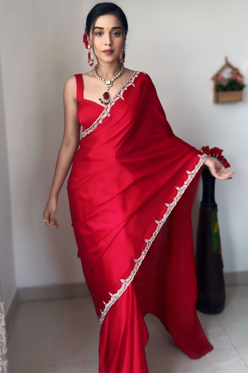 Gorgeous One Minute Ready To Wear Red Satin Silk Saree