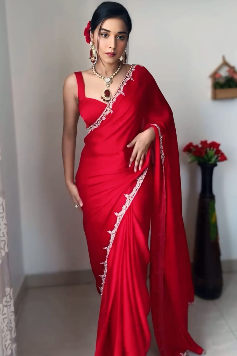 Gorgeous One Minute Ready To Wear Red Satin Silk Saree