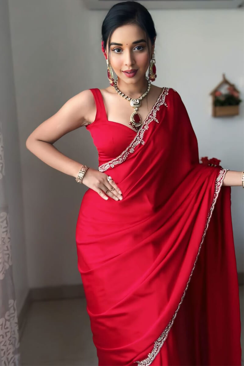 Gorgeous One Minute Ready To Wear Red Satin Silk Saree