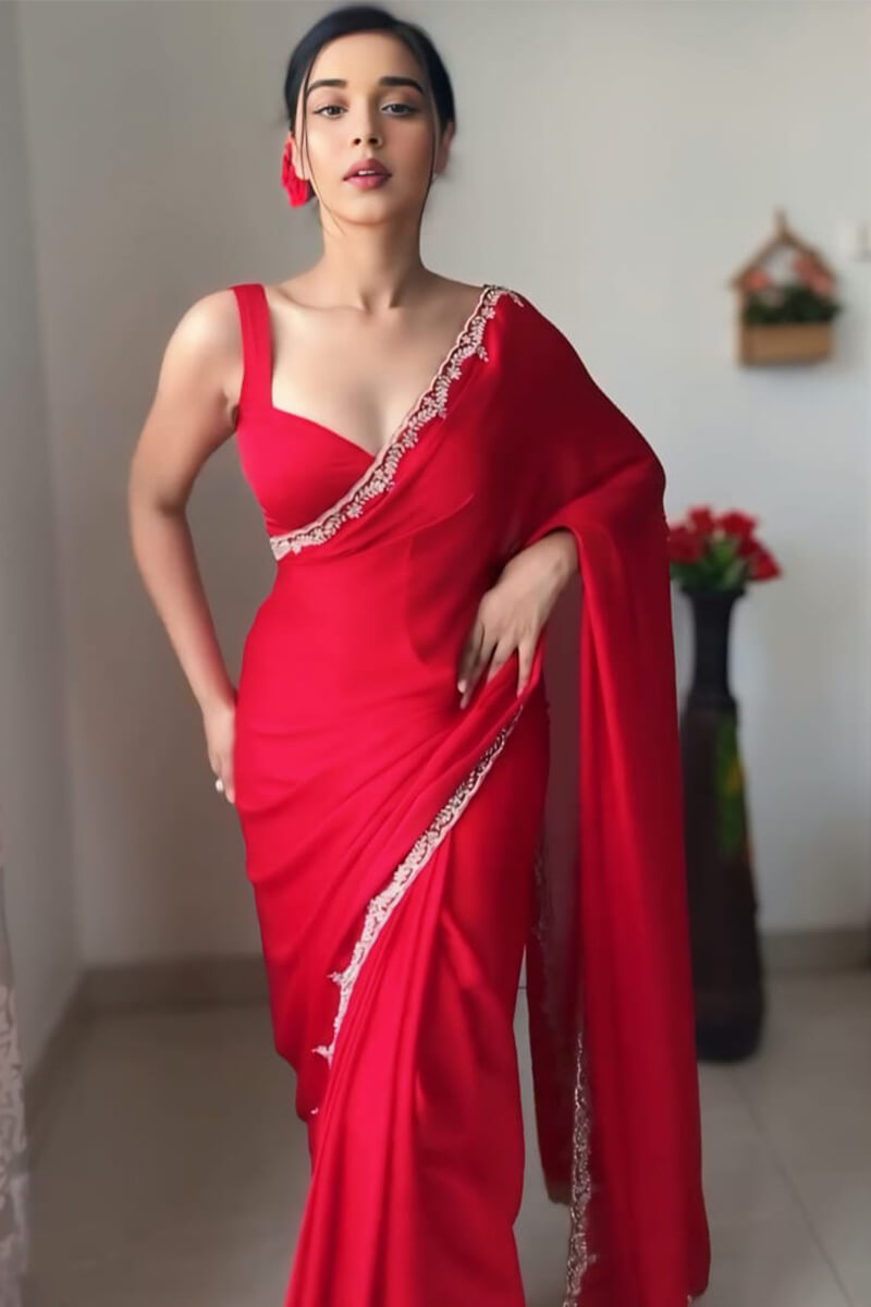 Gorgeous One Minute Ready To Wear Red Satin Silk Saree