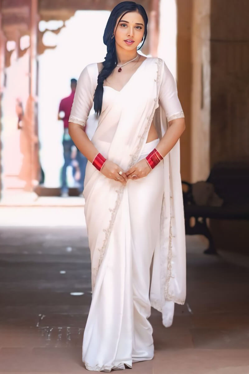 Joyful One Minute Ready To Wear White Satin Silk Saree