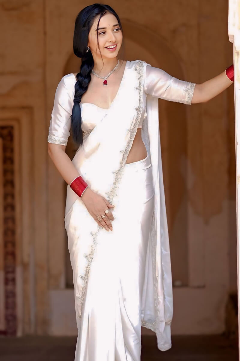 Joyful One Minute Ready To Wear White Satin Silk Saree