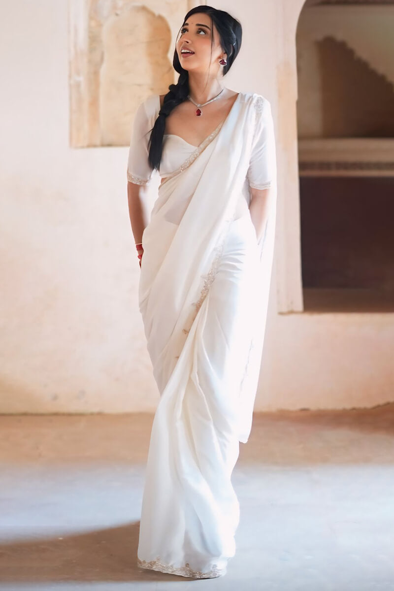 Joyful One Minute Ready To Wear White Satin Silk Saree