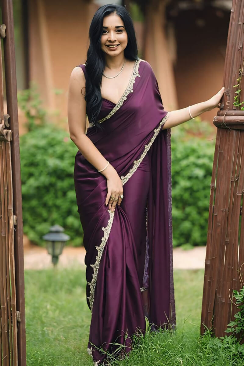 Graceful One Minute Ready To Wear Wine Satin Silk Saree