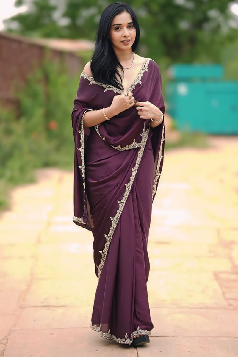 Graceful One Minute Ready To Wear Wine Satin Silk Saree