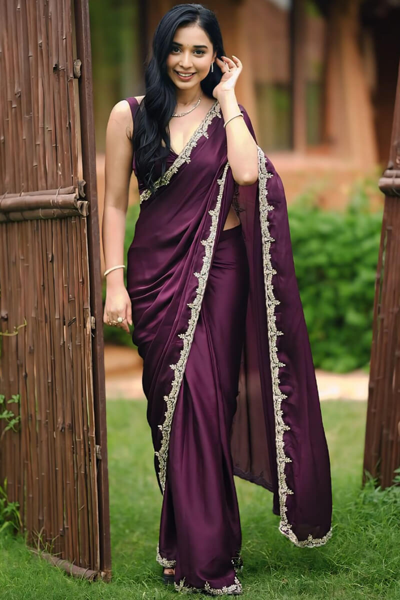 Graceful One Minute Ready To Wear Wine Satin Silk Saree