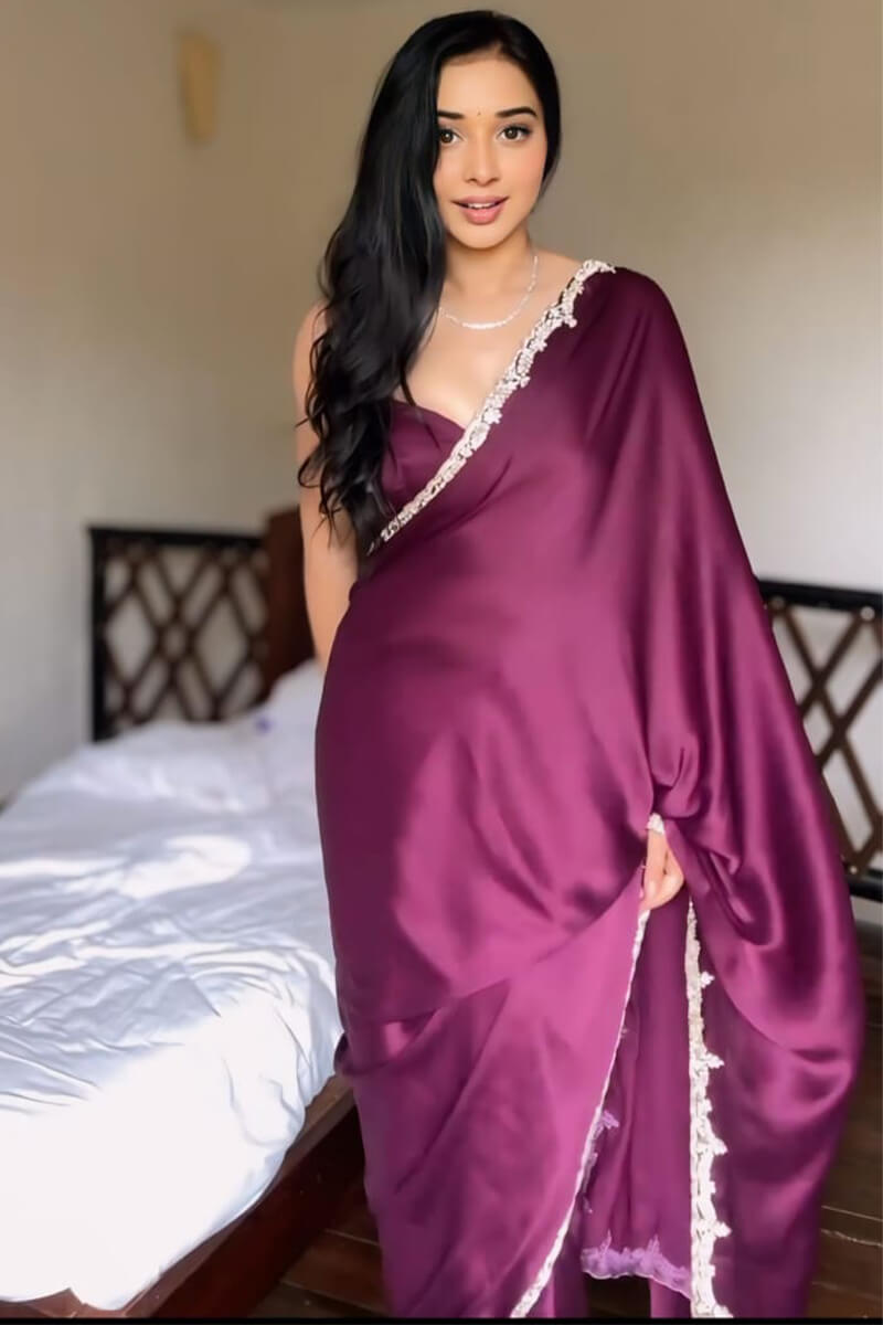 Graceful One Minute Ready To Wear Wine Satin Silk Saree