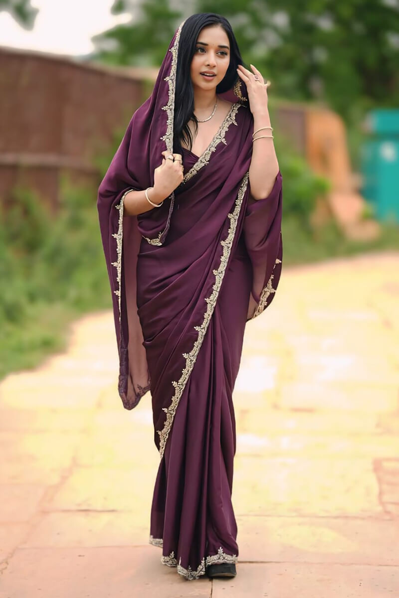 Graceful One Minute Ready To Wear Wine Satin Silk Saree