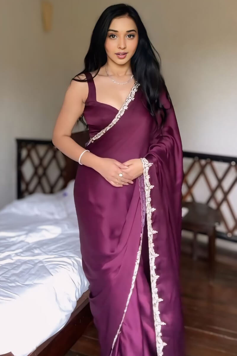 Graceful One Minute Ready To Wear Wine Satin Silk Saree