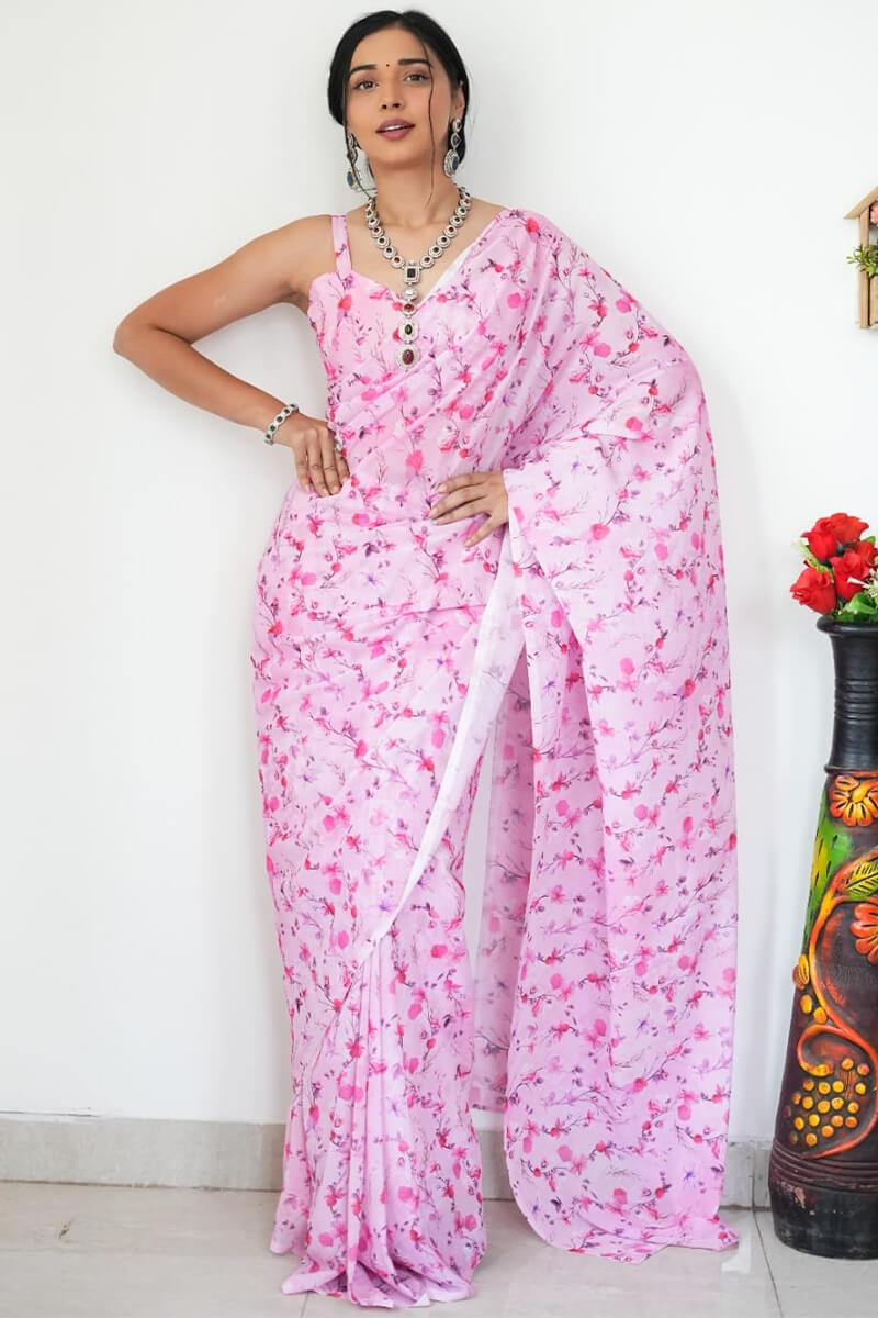 Floret One Minute Ready To Wear Baby Pink Printed Satin Silk Saree