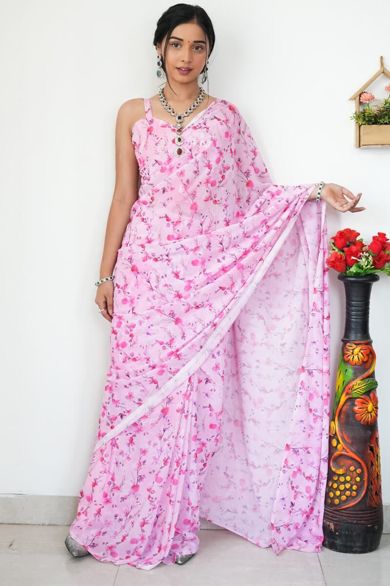 Floret One Minute Ready To Wear Baby Pink Printed Satin Silk Saree